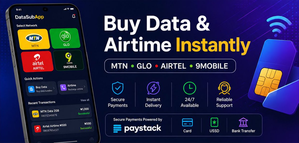 _aiotouch's tweet photo. Introducing DataSubApp 5 (1.0).

Buy MTN, GLO, AIRTEL, 9Mobile data &amp; airtime. Fast, reliable, secure!

Available on the Google Play Store.

https://t.co/3E0yD32ynX https://t.co/2tJVLtPyZb