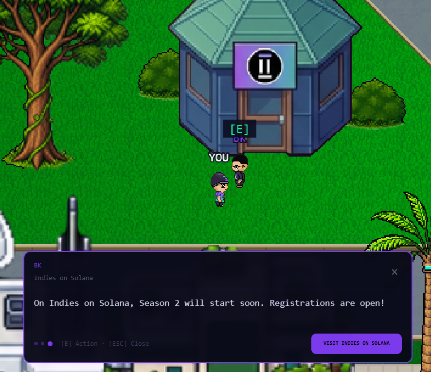 PlaySolCity's tweet photo. There is still time to register for the Season 2 of @indiesonsolana 🎮
 
Are you building something exciting in gaming? This is for you!

Talk to @JustBKhere while walking in the city and register your project! https://t.co/SiXsBZyyHg