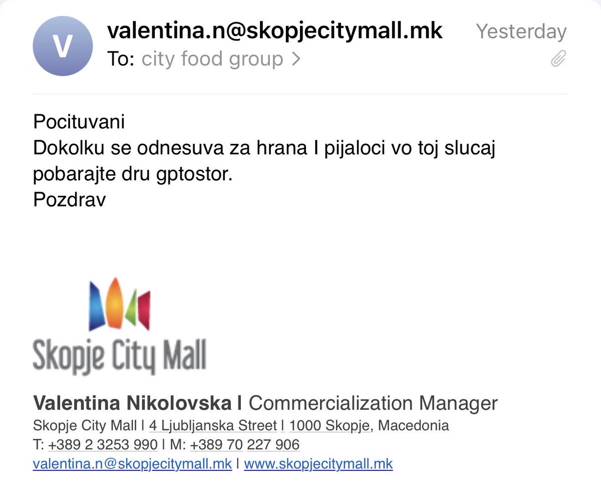 VoislavSP's tweet photo. Сити мол приказна! На уредно поставено прашање ова е епилогот:
1. Не си го почитуваат јазикот па пишуваат латиница!
2. Ај што пишуваат латиница, не се ни трудат да проверат за печатни грешки
3. Се обраќам од службен мејл према нивни официјален претставник, ми враќа со pozz🤯 https://t.co/PkSrUFCZjT