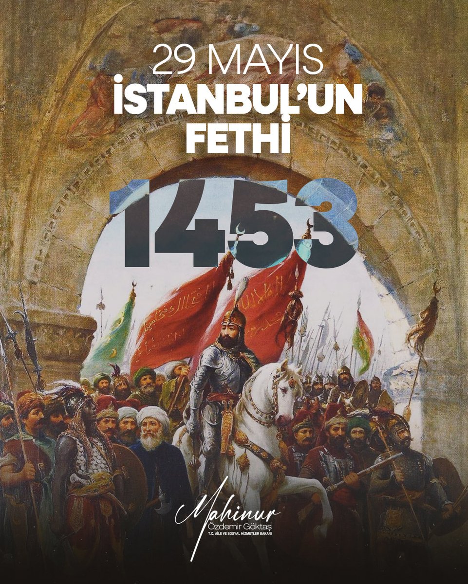 MahinurOzdemir's tweet photo. Kadim şehrimiz İstanbul’un Fethi’nin 573’üncü yıl dönümü kutlu olsun. 🇹🇷

Biz, çağ kapatıp çağ açan hamleleri, çağının ötesine geçen fikirleri ve tarihin akışını değiştiren iradeyi ecdadımızdan öğrendik.

Bu kutlu fethin yıl dönümünde, Fatih Sultan Mehmet Han’ı ve Peygamber Efendimiz'in müjdesine mazhar olarak bizleri İstanbul'a kavuşturan kahramanlarımızı rahmet ve minnetle anıyorum.