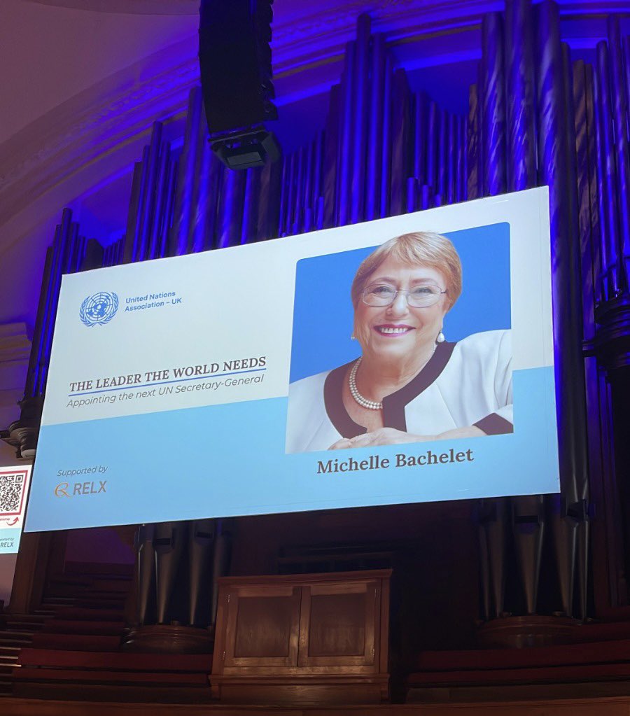Embamexru's tweet photo. 🗓️On 28 May 2026, Michelle Bachelet @mbachelet,UN Secretary-General candidate, with other standing candidates, participated at the event: “The leader the world needs: Appointing the next UN Secretary-General”, organised by @UNAUK, where she presented her vision about the role of the @UN Secretary General. 

Ms Bachelet was nominated by 🇲🇽 Mexico and 🇧🇷 Brasil as candidate to that position. @Embamexru supported the participation of Ms Bachelet at this event. 

👏Congratulations to Ms Bachelet for sharing her thoughts and insights about UN topics and @UNAUK for organizing this event.

For more information about Ms Michelle Bachelte’s vision statement please visit 👉🏻  https://t.co/al0NAsJxV1

@SRE_mx @ONU_es