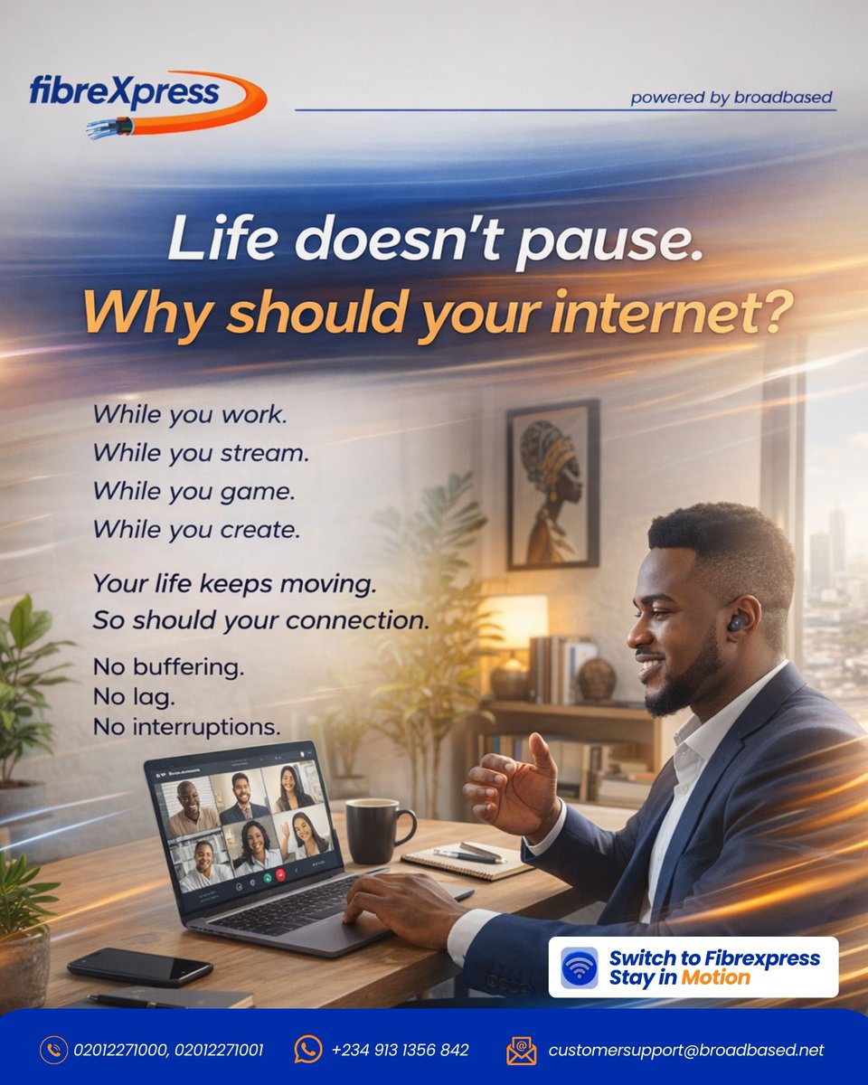 broadbasedcom's tweet photo. Life doesn’t slow down… and neither should your connection. ⚡

From morning meetings to late-night movies, from deadlines to downtime , the right internet keeps up with your every move.

No buffering. No lag. Just smooth, reliable connection when it matters most. https://t.co/dZMHZfOFn0