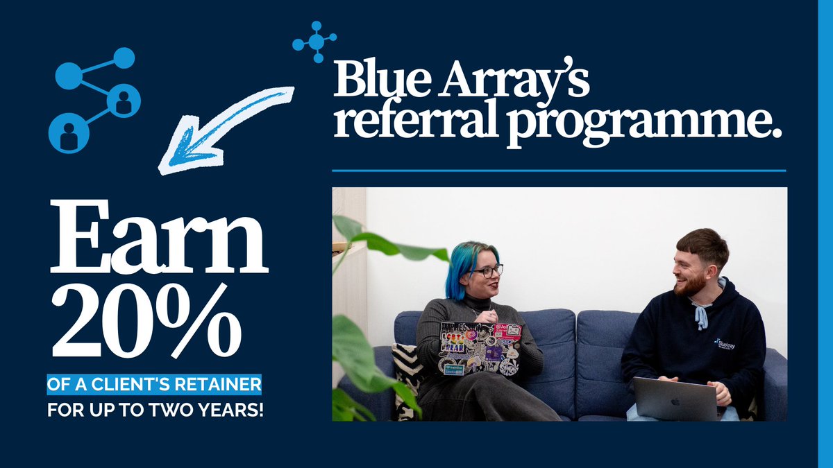 bluearrayseo's tweet photo. Know a business that would benefit from expert organic search support? 💭

Introduce them to Blue Array and, if they become a client, you will earn 20% of their monthly retainer for up to two years!

💡 Just CC hi@bluearray.co.uk on the introduction, and we will handle the rest. https://t.co/Cbz57x4I3E