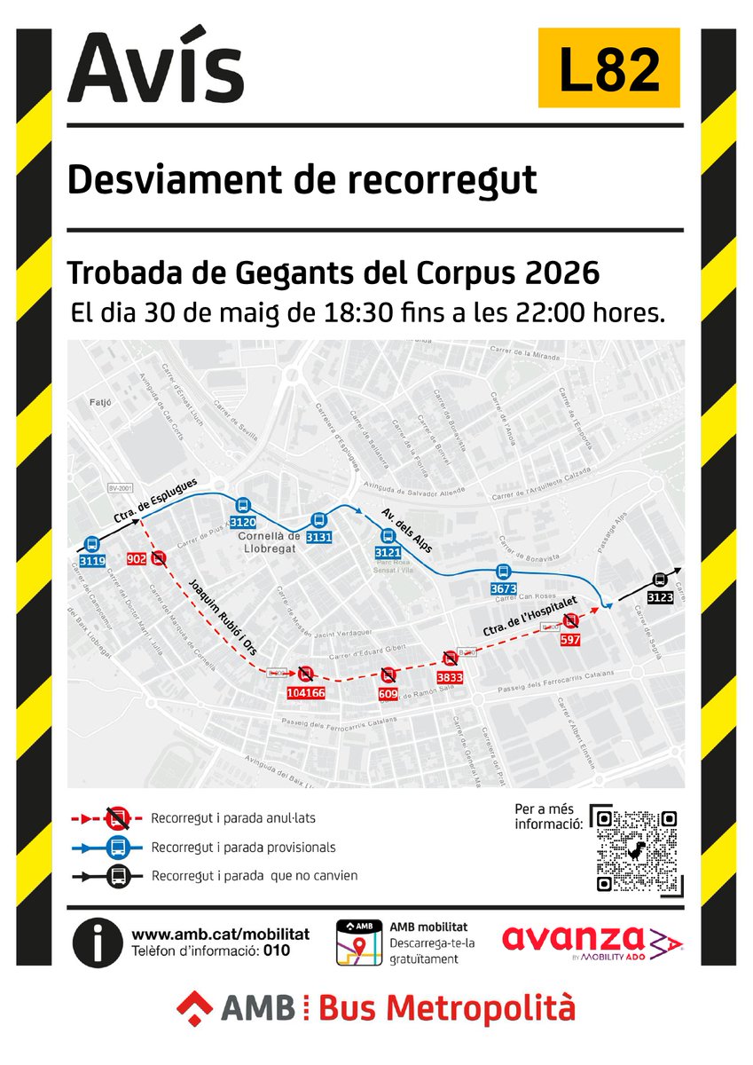 apropcornella's tweet photo. 🔊Tall al carrer de Joaquim Rubió i Ors, dissabte 30 de maig de 18:30 fins a les 22:00 h, a causa de Trobada de Gegants del Corpus 🎉 2026 #Cornellà

Afectació a la línia  🚍N13. https://t.co/rwNbP4g6cO