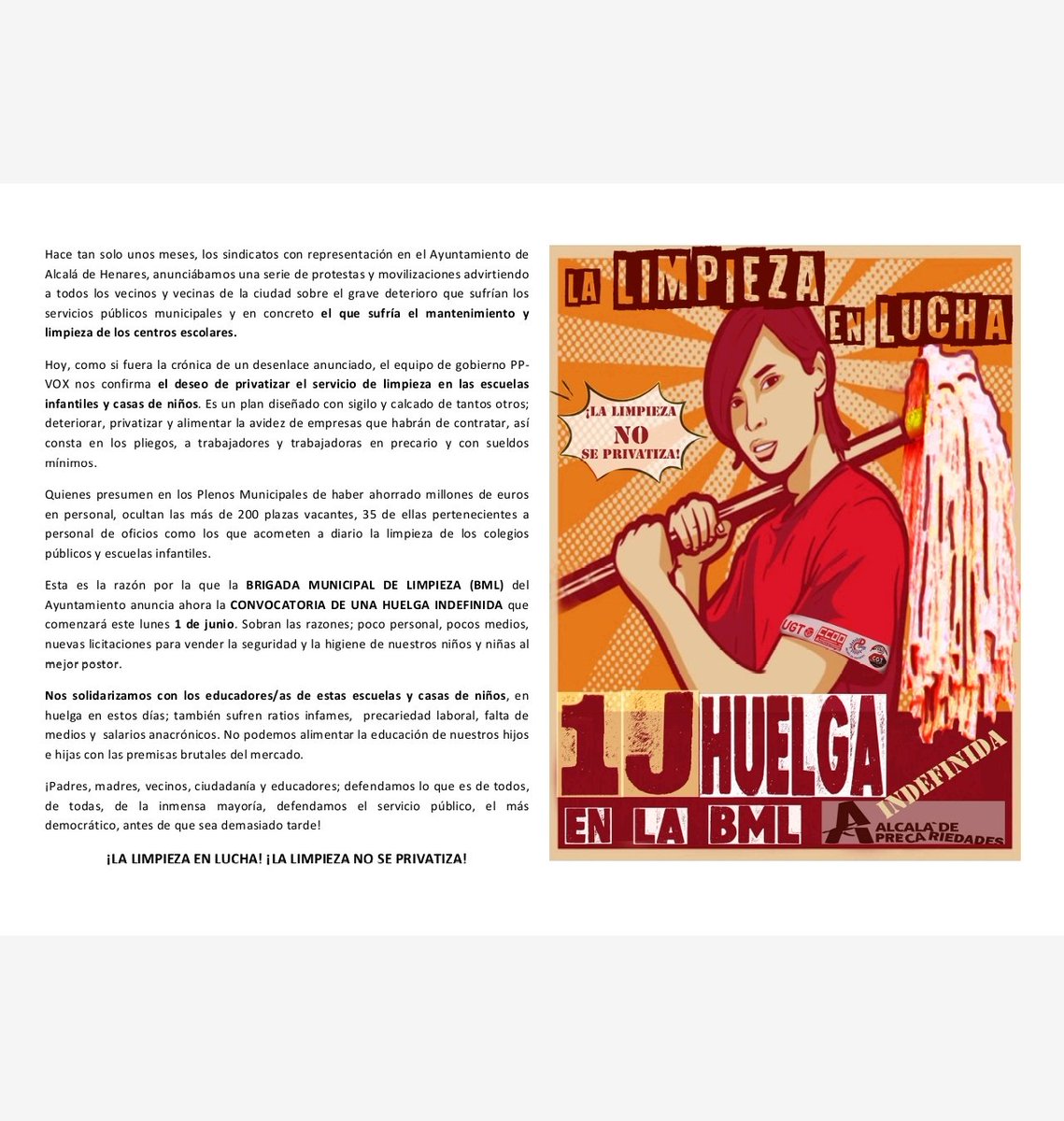 UgtEsteMadrid's tweet photo. UGT Madrid Este muestra su apoyo a la plantilla de la Brigada Municipal de Limpieza de Alcalá de Henares ante la convocatoria de huelga indefinida contra la privatización del servicio de limpieza en escuelas infantiles y casas de niños.
¡Los servicios públicos no se venden,✊🧹 https://t.co/gI25qaEstI