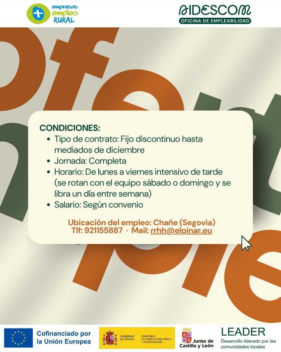aidescom's tweet photo. Nueva oferta de empleo ‼️

🗣 Desde El Pinar buscan personal de Atención a los Trabajadores en Chañe📍 

Todos los detalles de la oferta en las imágenes 🙌🏻

Tanto si eres un demandante de empleo como si necesitas personal para cubrir puestos vacantes... ¡Contáctanos y te ayudamos https://t.co/dYL7shpJSP