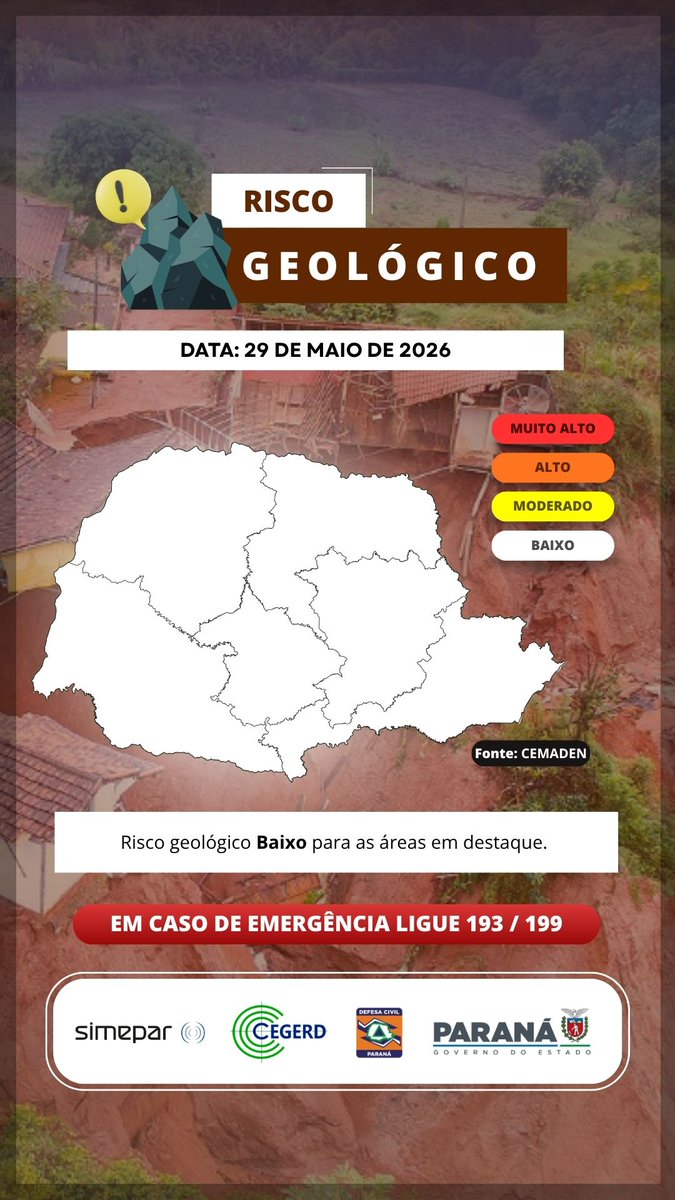 PRDEFESACIVIL's tweet photo. ⚠️CONDIÇÕES DO TEMPO, RISCO DE INCÊNDIOS FLORESTAIS, RISCO GEOLÓGICO E RISCO HIDROLÓGICO

Válido para 29 de maio de 2026. https://t.co/wldC0CraXD