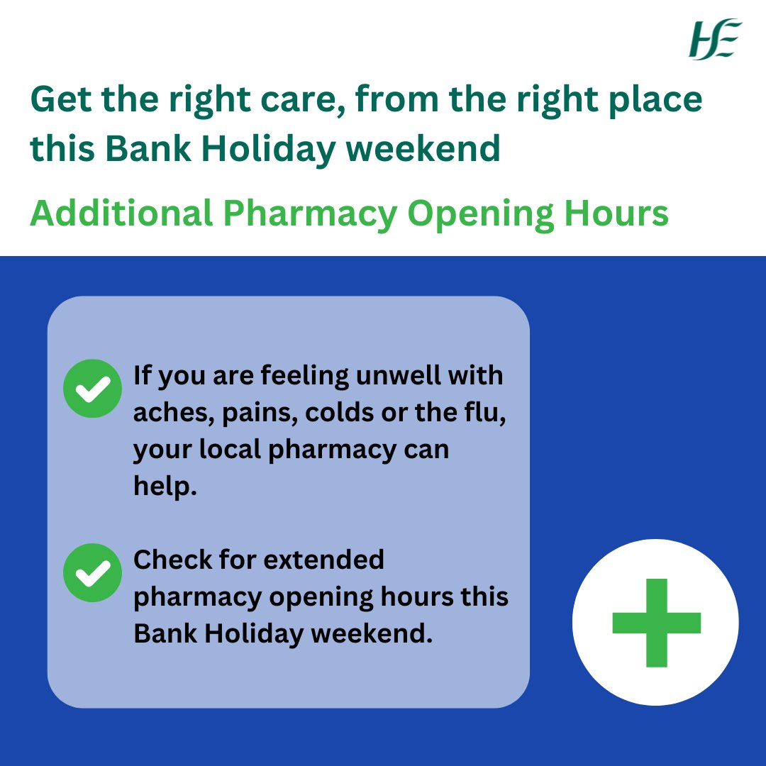 HSEMidWest's tweet photo. Many pharmacies in the Mid West have extended opening hours over the Bank Holiday weekend
Check availability and local pharmacies near you
➡️https://t.co/wQjQ2reYUK

 #MyHealthMidwest https://t.co/XH4QuLHiZL