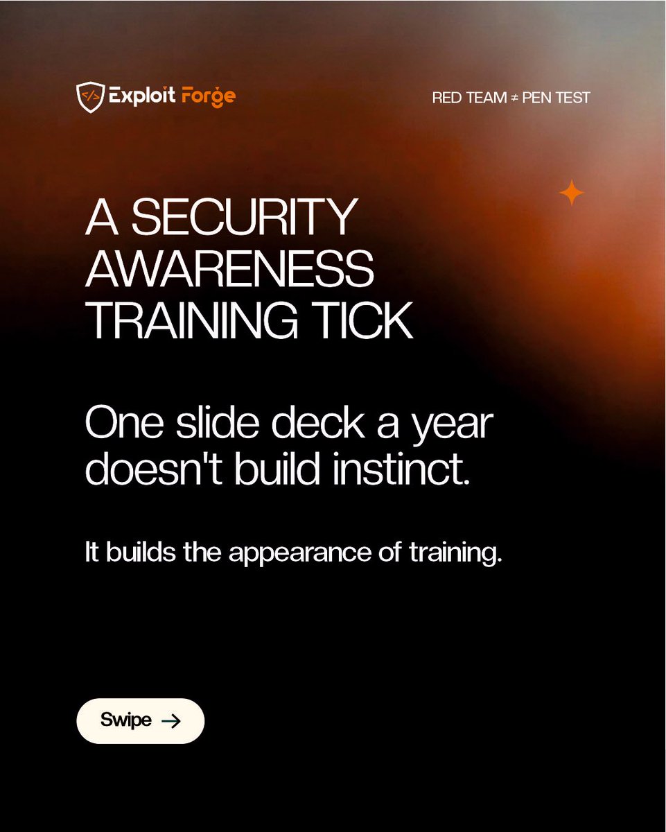 ExploitforgeLTD's tweet photo. A strong password policy doesn't stop phishing. An annual test doesn't reflect what changed in your environment last quarter. A compliance certificate doesn't mean your controls survive adversarial pressure. A training module doesn't replace genuine security instinct.
The difference between the appearance of security and actual security is whether your controls have ever been tested by someone actively trying to defeat them.
Most haven't.
At Exploit Forge, that's the test we run not against a checklist, but against a realistic attacker with a real objective.
DM "ASSESS" to find out what's real and what's theatre in your environment.

#securityawareness