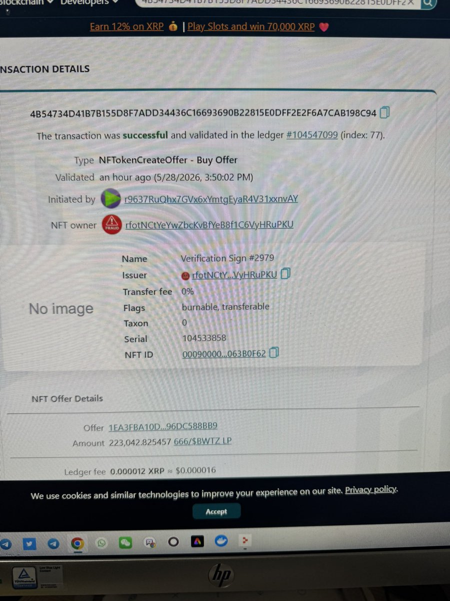 BWTZBearWitness's tweet photo. I want to make everybody aware of a situation that happened to me last night. I had a NFT offer in my Xaman there was persistent. It kept coming back. It was from XP market I was trying to log into the café. So I canceled the offer no less than 10 times it kept coming back. I got frustrated and was trying to get rid of it, and apparently accepted the offer.  In doing so the person behind that wallet stole about $700 from me. It was a separate side pool of LP I had with the 666 token.  So be aware there will be a sell off of about $350 worth of bear witness it is still sitting in that wallet I can see it
If anybody has any ideas, I’m open to it
These are screenshots of the transactions. Now this son of a bitch is one of the biggest holders of my token I’m pretty devastated by this. Plus, it doesn’t help that a couple other people have made some pretty heavy sales so right now I’m at 4900. Who knows where it’s gonna go