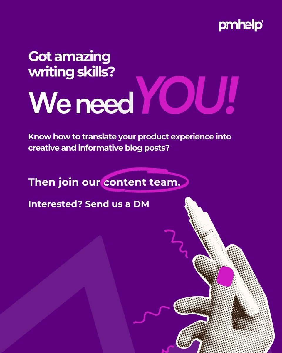 PmhelpCo's tweet photo. We are looking for writers.
If you know product management and can write about it in a way that actually helps people learn, we need you

We have 1000+ learners across 70+ countries looking for resources to help them grow in their careers

 Sign up: https://t.co/sEPMGSkeY6 https://t.co/7hZwrxrnZS