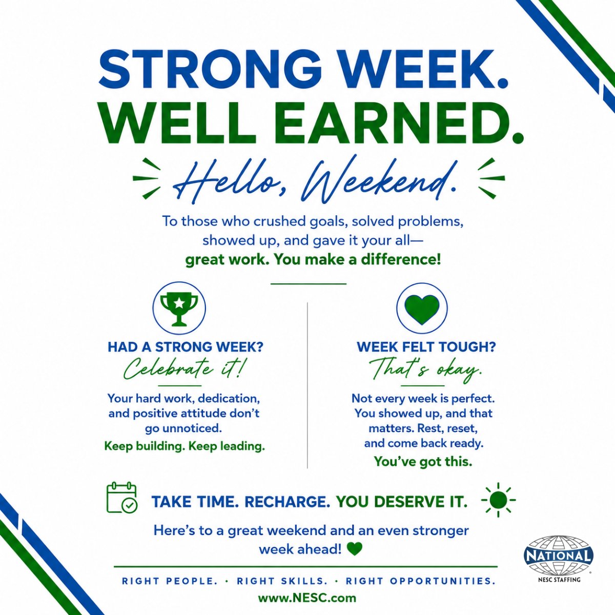 NESC_Staffing's tweet photo. 🎶 It's Friday then, it's Saturday, Sunday, say what?! 🎵🕺💃 Rest when you can, recharge, and keep pushing! For those whose schedules do not follow the traditional M-F , WE SEE YOU TOO! 

#FridayFeeling #WorkLifeBalance #CareerGrowth #ViralEncouragement #NESCStaffing https://t.co/PEZu3v6cTB
