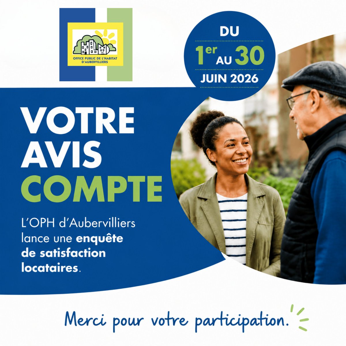 AuberOPH's tweet photo. 📢 Du 1er au 30 juin, l’OPH lance une enquête de satisfaction locataires.

Si vous êtes contacté(e), votre avis nous aidera à améliorer la qualité de service au quotidien. 

Merci pour votre participation.

Plus d’infos 👉 https://t.co/UHm6bdVbl5 https://t.co/fACN0xua0c