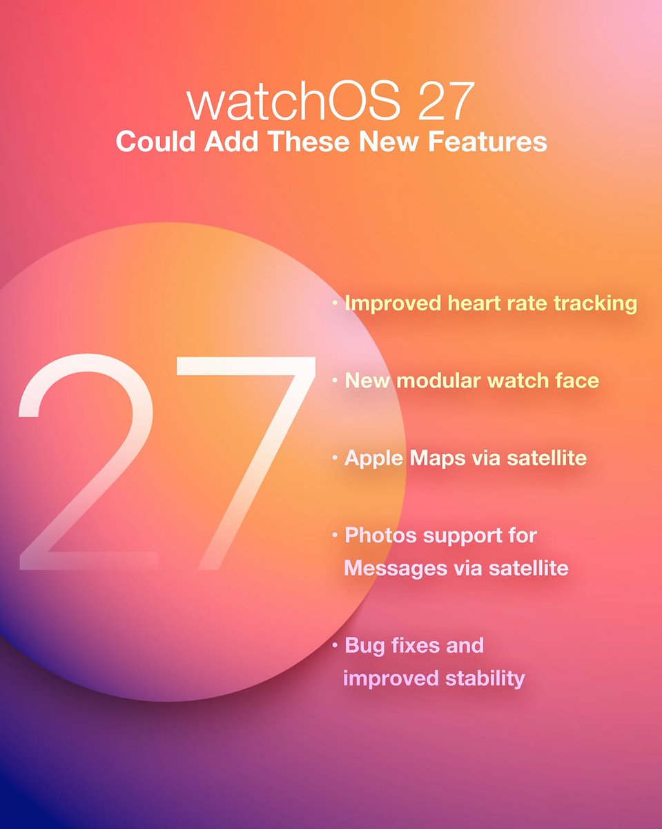 3utools's tweet photo. watchOS 27 could bring some exciting upgrades to the Apple Watch ⌚✨

• Better heart rate tracking
• A new modular watch face
• Satellite-powered Maps &amp; Messages
• Improved stability and bug fixes

Image: @macrumors
#watchOS27 #AppleWatch #Apple #watchOS #Tech https://t.co/dsrrKmje1C