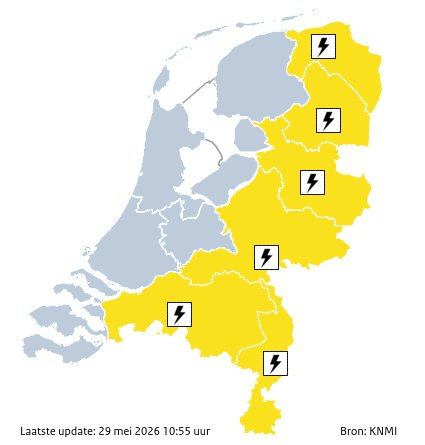KNMI's tweet photo. 🟡 In delen van het oosten van het land geldt vanmiddag en vanavond code geel vanwege kans op (zware) onweersbuien. Het is nog onzeker waar de zwaarste buien precies zullen voorkomen.

Meer informatie ➡️
https://t.co/mVXrIU9BIw https://t.co/q3uVuaqtcw