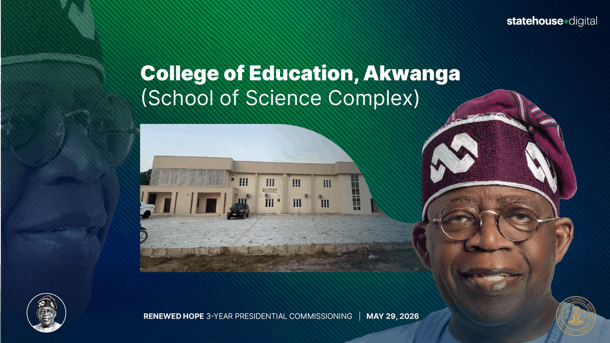 NGRPresident's tweet photo. COLLEGE OF EDUCATION, AKWANGA

🇳🇬 NOW LIVE: President @officialABAT commissions the new School of Science Complex at the College of Education, Akwanga, Nasarawa State.

The 2-storey facility (510m² upper floor, 497m² ground floor) houses:

* Conventional reading areas
* E-libraries for staff and students
* Chief Librarian and faculty offices
* Reference and inquiry sections
* Reception and study spaces

A purpose-built learning environment to strengthen science teacher training and expand access to quality tertiary education in the North Central.

Watch live: https://t.co/hziyARblH2

#RenewedHope #TinubuAt3