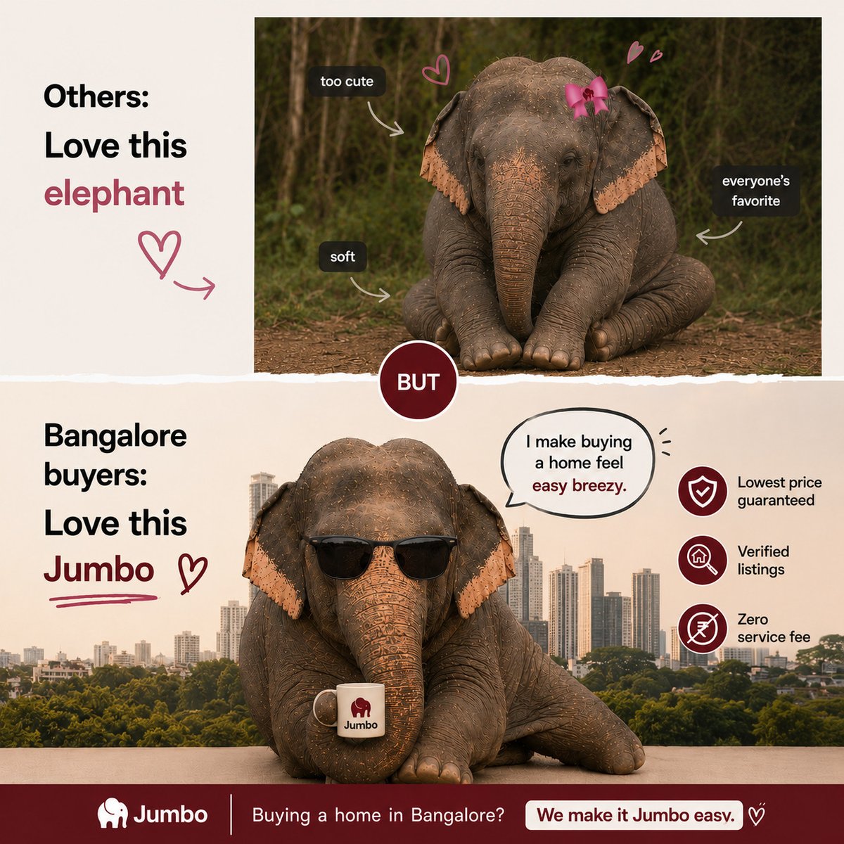 JumboHomes_in's tweet photo. The internet loves cute elephants. 🐘❤️

Home-buyers love:
✓ Verified Listings
✓ Lowest Price Guarantee
✓ Zero Service Fee

That's why Bangalore buyers choose Jumbo.

#JumboHomes #BangaloreRealEstate #HomeBuying #PropTech https://t.co/34m8WRYby3