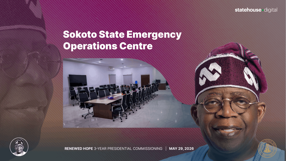 NGRPresident's tweet photo. SOKOTO STATE EMERGENCY OPERATIONS CENTRE

🇳🇬 NOW LIVE: President @officialABAT commissions the upgraded Sokoto Polio Emergency Operations Centre at the Epidemiology Unit, Specialist Hospital, Sultan Abubakar Road.

Established in 2013 with Gates Foundation support and managed by eHealth Africa, the facility has been expanded and re-equipped to:
• Coordinate polio eradication
• Strengthen disease surveillance and immunisation
• Improve stakeholder collaboration and data management
• Enhance Sokoto's emergency preparedness capacity

A vital piece of the North West's public health infrastructure.

Watch live: https://t.co/h20hguB9fq

#RenewedHope #TinubuAt3