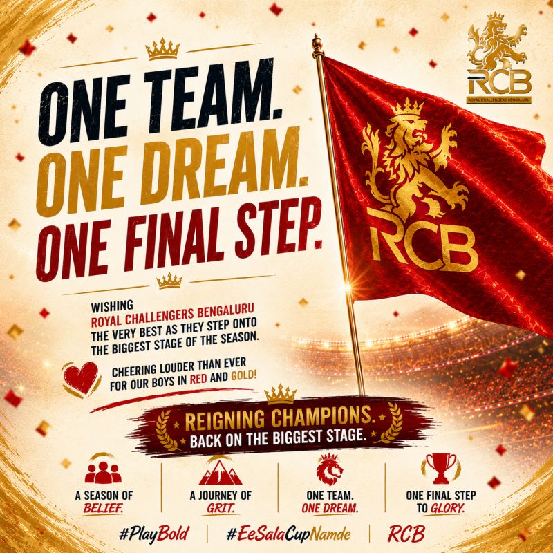 TimesResponse's tweet photo. RCB has delivered a season full of passion, grit and unforgettable moments. 

As a proud stakeholder in Royal Challengers Bengaluru, BCCL wishes the players, support staff and fans the very best for the big finale ahead. One final push. 

#PlayBold #FinishStrong https://t.co/QhXrgv2gFr