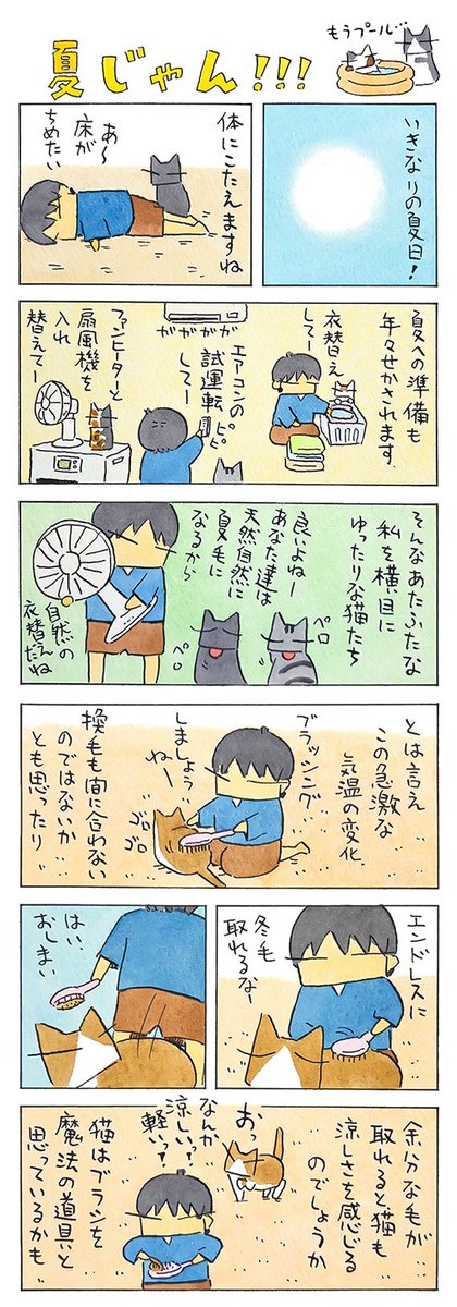 「夏?!」
人も猫も夏への準備。
今年も長い夏になりそうです。
いずれ換毛期のサイクルも変わってくるのかもしれませんね。
(久保智昭さんの「猫色スケッチブック」)つづきはこちら⇒https://t.co/GTaYSZwrJ0 