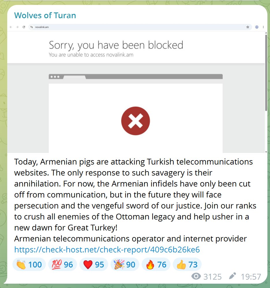 ARecherh's tweet photo. The website of the Armenian telecom company Novalink has been unavailable for two days after being attacked by the hacker group Wolves of Turan https://t.co/eVEzW2m5wu

#DDoS #Armenia #Turkey #cyberattack https://t.co/ZE6GSrCI1I