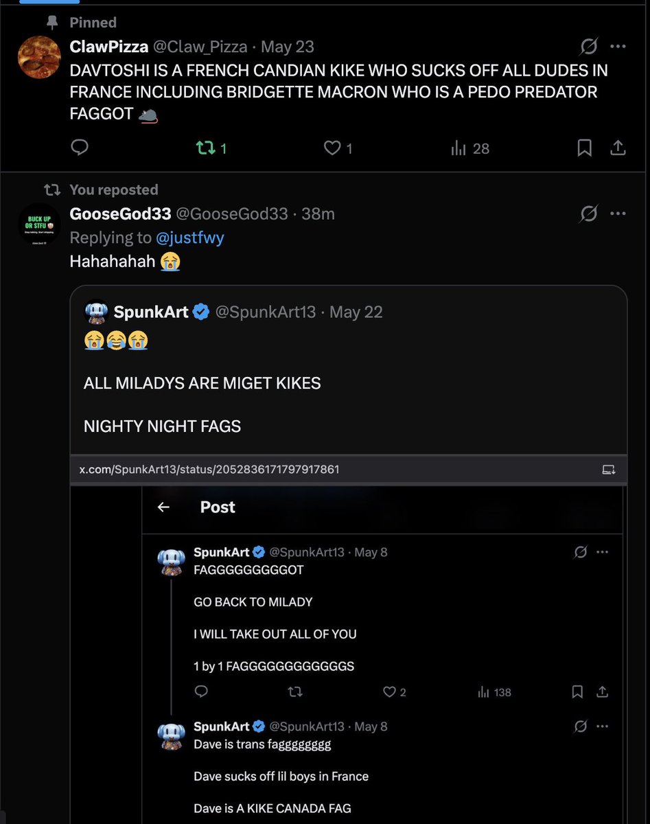 GooseGod33's tweet photo. DAVE I HATE YOU SO MUCH I AM GONNA DIG THROUGH MY ARCHIVES OF SLANDERING YOU A PROUDLY DISPLAY THEM ALL FOR EVERYONE TO SEE 😭

SIT THE FUCK DOWN FAGGGGOT

@SpunkArt13 https://t.co/JzJjHjz3Ml