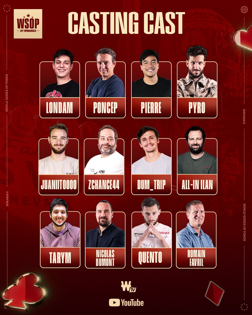 Winamax's tweet photo. ♦️♠️♥️♣️ Les WSOP commentés sur Winamax, ça commence cette nuit à 4h30 ! Découvrez le casting à retrouver sur YouTube et le canal 185 de Free.

❓ Qui décrochera le premier bracelet français ? 3 tickets 10 € en jeu.

✍️ Ta réponse + RT + Like + Follow + ton pseudo.