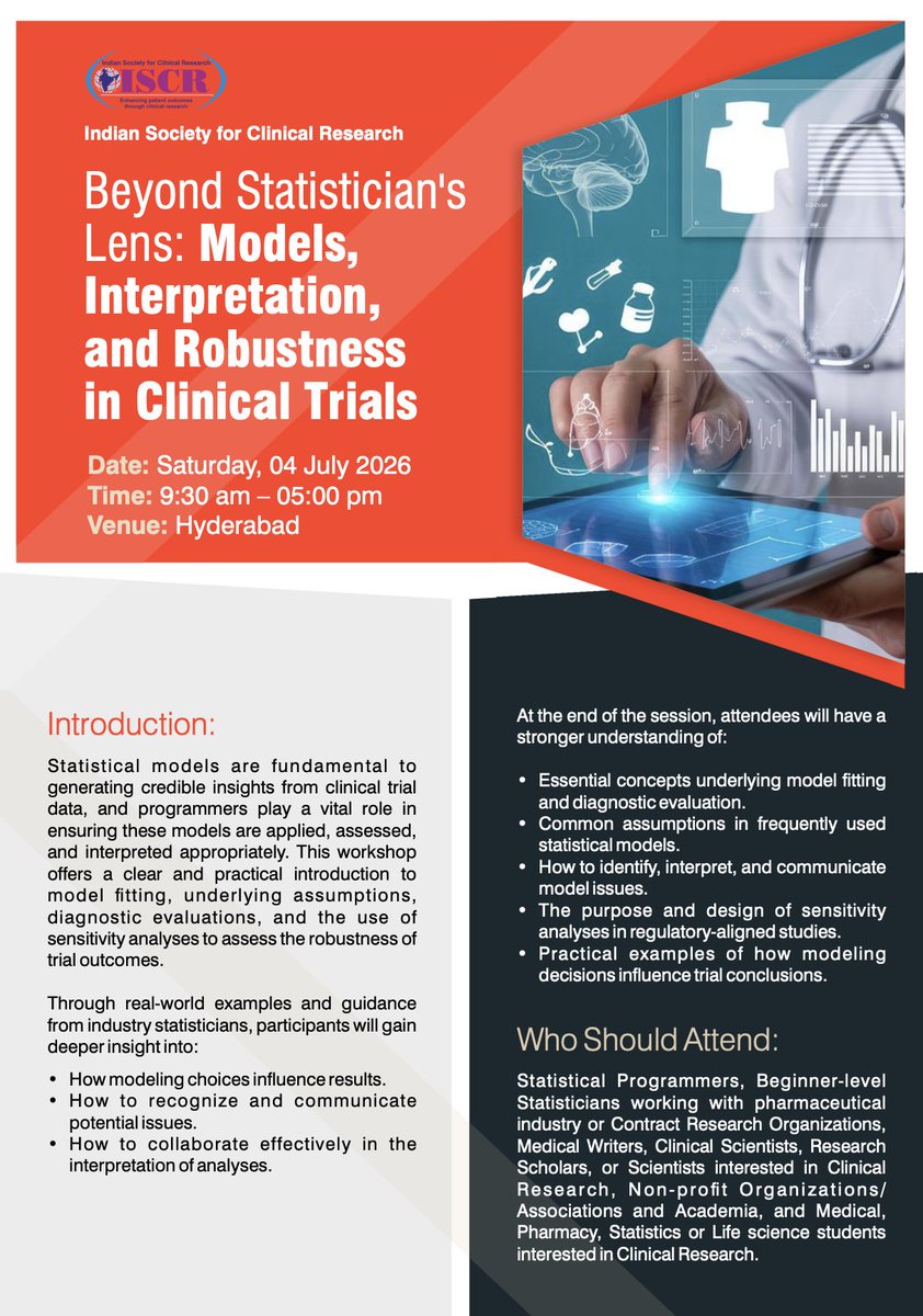 iscrindia's tweet photo. Join ISCR’s Biostatistics Council workshop: “Beyond Statistician’s Lens: Models, Interpretation &amp; Robustness in Clinical Trials”

🗓️ 4 July 2026 | 9:30 AM-5 PM
📍 Hyderabad
🔗 Register: https://t.co/8CLjYAmhfG

#ISCR #statistics #Biostatistics https://t.co/iSsoW1iHRI