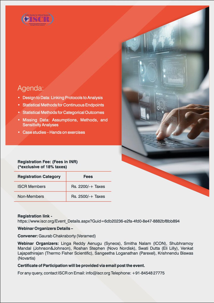 iscrindia's tweet photo. Join ISCR’s Biostatistics Council workshop: “Beyond Statistician’s Lens: Models, Interpretation &amp; Robustness in Clinical Trials”

🗓️ 4 July 2026 | 9:30 AM-5 PM
📍 Hyderabad
🔗 Register: https://t.co/8CLjYAmhfG

#ISCR #statistics #Biostatistics https://t.co/iSsoW1iHRI