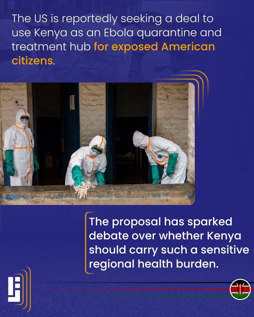 JamiiForums_KE's tweet photo. Kenya could play a major role in the U.S. Ebola response plan, as the Trump administration considers setting up a quarantine and treatment center there for Americans exposed to the virus

Reports by the New York Times and Wall Street Journal say the proposal, still awaiting Kenya’s approval, would allow high-risk U.S. citizens to be isolated and treated in Kenya instead of Europe

Read more https://t.co/00trDL4zeO