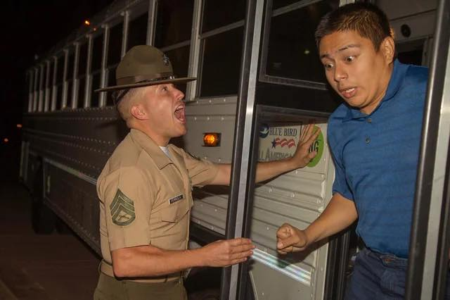 JRM58506966's tweet photo. “From the second my boots hit the ground off that bus, from the moment my footstep down, it was damn near two weeks before I could shit. You couldn't hear shit over the screaming, running, standing at attention, and getting DI until your soul left your body. The Drill Instructors hit us so hard and so fast you didn’t even have time to think — just react. One minute you’re a civilian clutching your bag with your asshole puckered up, next minute you’re standing on the yellow footprints getting your whole existence destroyed. Welcome to the Marine Corps.”