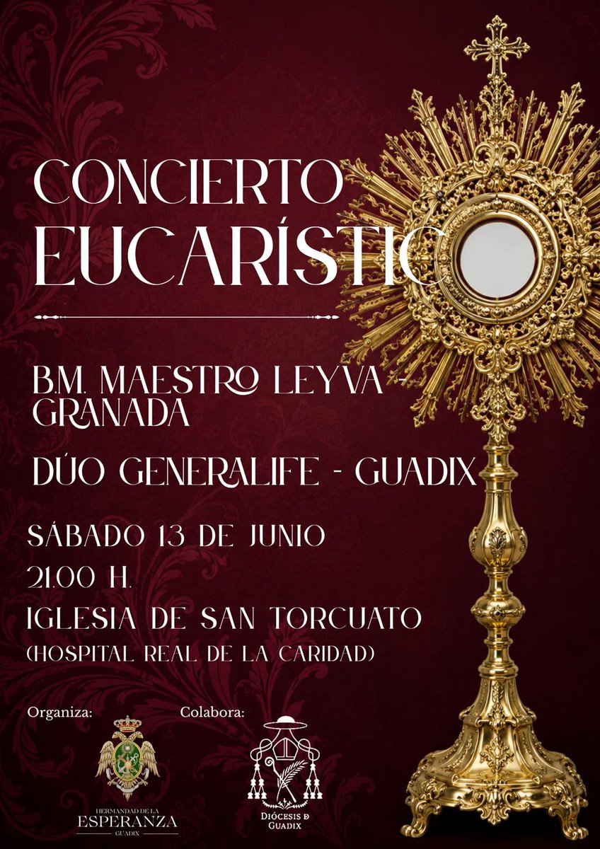 HdadEsperanzagx's tweet photo. Continuando con los actos programados con motivo del LXXV aniversario de nuestra Fundación, el próximo 13 de Junio, estamos citados a asistir a  un Concierto Eucarístico en honor al Santísimo Sacramento, primer Titular de esta Corporación. https://t.co/aDQIDnJpIF