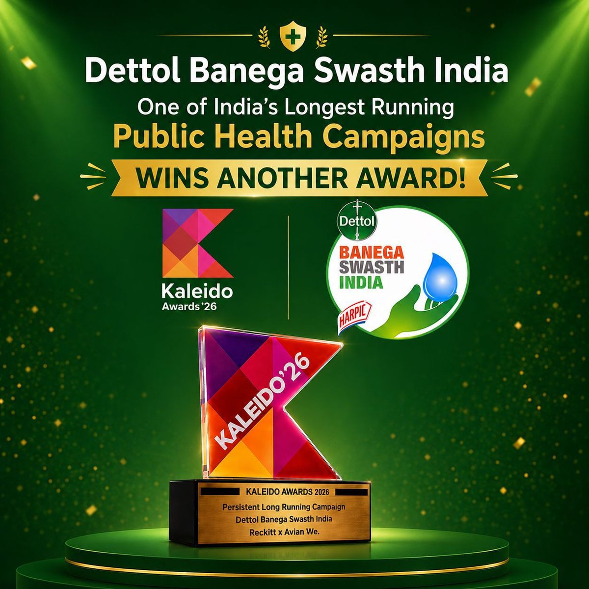banegaswasthind's tweet photo. Dettol Banega Swasth India Honoured with Kaleido Awards 2026! 

Dettol Banega Swasth India (BSI) has won the ‘Persistent Long Running Campaign’ award at the ET Kaleido Awards 2026 — a powerful recognition of India's longest-running public health campaign.

This isn't just an award. It's validation of 11+ years of relentless commitment to making health and hygiene second nature for millions of Indians.

WHY THIS CAMPAIGN MATTERS?
 
Since its launch in 2014 in partnership with NDTV, Dettol Banega Swasth India has transformed health behaviours across the country with the vision of ‘Clean India Leads to a Healthy India’ and alignment with UN SDG 2030's ‘Leave No One Behind’ principle. 

REAL IMPACT, REAL LIVES TRANSFORMED
- 26 MILLION children reached 
- 9,00,000 schools now have access to the Dettol Hygiene Curriculum
- 41.6% reduction in school absenteeism  

BEYOND HYGIENE: A HOLISTIC HEALTH MOVEMENT

Banega Swasth India has evolved far beyond awareness. It has addressed: hand hygiene, handwashing, open defecation, nutrition, maternal & child health, environment & climate, and much more. 

THE VISION: TRIPLE IMPACT BY 2026

BSI has committed to reaching 47 MILLION people by 2026 — tripling its social impact with bold goals.

→ 100% primary schools in India with Dettol Hygiene School Curriculum
→ Hygiene Impact Bonds covering all aspirational districts of Uttar Pradesh 
→ Reach 10 million youth by educating them on sexual health and well-being
→ Environment and Climate Change projects in the Eastern Himalayan Region and Ganga River Basin
→ Climate resilience projects protecting vulnerable communities
→ Development of India’s first Climate Resilience Index

This award celebrates the powerful collaboration between Reckitt and NDTV. 

WHAT MAKES THIS CAMPAIGN SPECIAL?

1️⃣ Behavior Change, Not Just Awareness
BSI moved beyond telling people to wash hands — it made hygiene a habit. 38 million handwashing occasions created, one small victory for health, dignity, and hope. 

2️⃣ Scale With Depth
From 2,500 schools in 2015 to nearly 1 million classrooms today — scaling without losing impact. 

3️⃣ Inclusion at Its Core
Reaching marginalised communities often left out of public health conversations — transgender communities, North Eastern States, aspirational districts. 

4️⃣ Science-Backed, Community-Driven
Working with teachers, parents, health experts to ensure interventions are evidence-based and culturally relevant. 

5️⃣ Sustainability Mindset
Creating sustainable products, protecting the environment, and building climate resilience while improving health.

Here's to over 11 years of impact, and to many more years of building a prosperous, healthy India where every child, every mother, every family has access to the basics of health and hygiene. 

For more, log on https://t.co/Qbj7Qct1uz.

#DettolBanegaSwasthIndia #KaleidoAwards2026 #Reckitt #AvianWe #HealthAndHygiene #PublicHealth #India #CleanIndiaHealthyIndia #BehaviourChange #SocialImpact #SDG2030 #LeaveNoOneBehind #HygieneEducation #MaternalHealth #ChildHealth #ClimateResilience #Inclusion

 @ndtv
@ThisIsReckitt 
@DettolIndia  
@RaviBha24785910