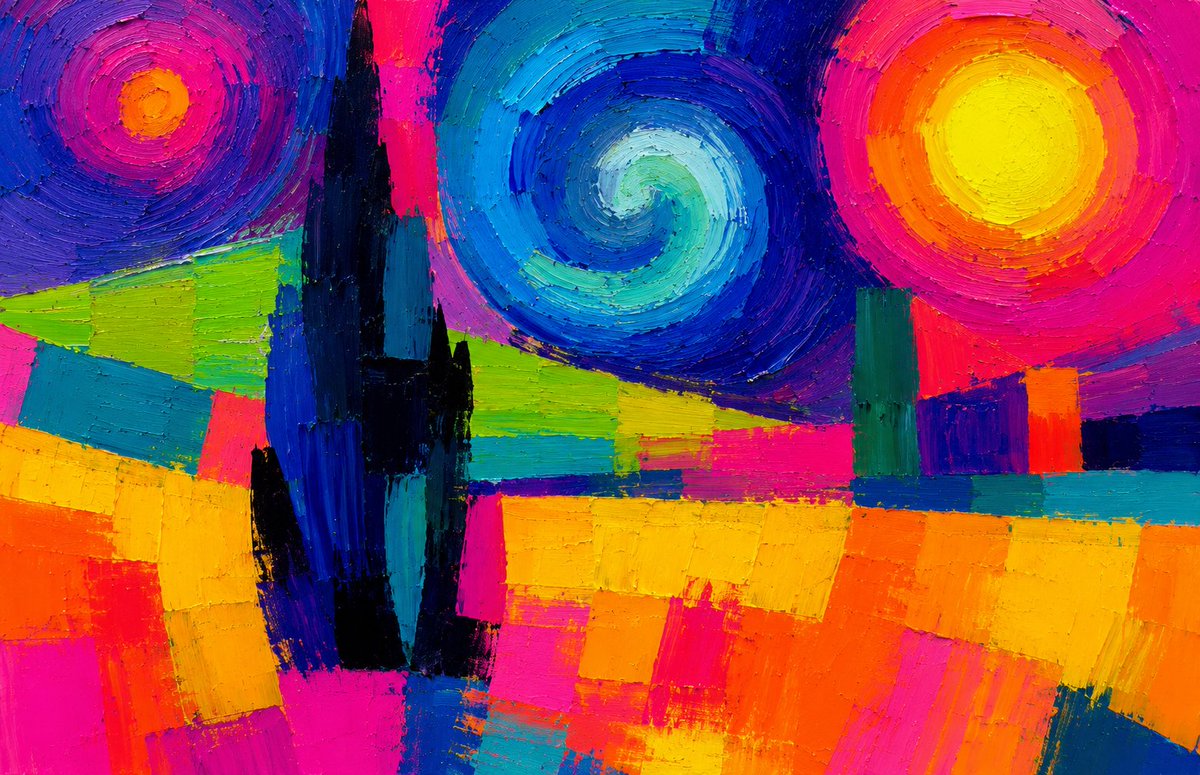 oilpunkk's tweet photo. Vincent’s Neon Dream

Step into a post-impressionist world turned up to maximum volume. 🌻
✨ "Vincent’s Neon Dream" is where classic swirling skies meet the heavy palette knife.
Just raw, vibrating color and geometric, celestial heat carved in thick oil.
A digital paradise brought to physical life.
#VincentsNeonDream #PopImpressionism #ImpastoEnergy