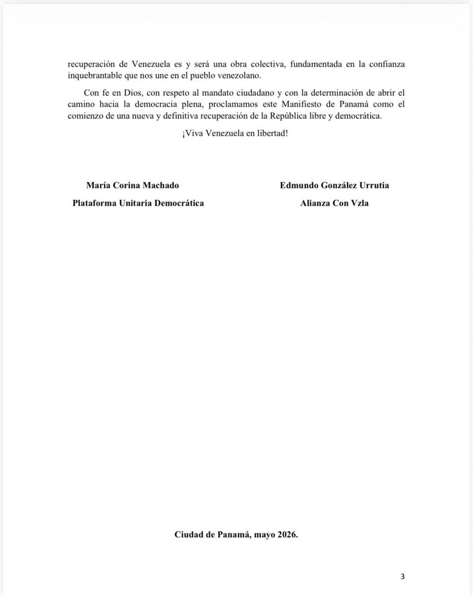 melania0880's tweet photo. 📌 EL MANIFIESTO DE PANAMÁ EXPLICADO CON PERAS Y MANZANAS

He visto gente leyendo el Manifiesto de Panamá como quien recibe una multa del SENIAT.

Unos dicen que es una rendición.
Otros dicen que es un pacto.
Otros ya están repartiendo ministerios imaginarios.
Y algunos ni siquiera lo leyeron completo.

Así que vamos a hacer algo revolucionario 🤣: 
leer el documento y entender qué dice realmente.

Primero lo primero.

❌Esto NO es un acuerdo firmado con el chavismo.
❌NO es una capitulación.
❌NO es un reparto de cargos.
✅Es una hoja de ruta política.

Un documento donde las fuerzas democráticas plantean cómo convertir el mandato del 28 de julio en una transición democrática.

Nada más.
Nada menos.

Y el texto comienza justamente donde debe comenzar: en el 28J.

Porque mientras el aparato chavista intenta borrar esa fecha de la historia, el manifiesto hace exactamente lo contrario.

Recuerda que millones de venezolanos hablaron.

✔️Que Edmundo González ganó.
✔️Y que ese mandato ciudadano sigue vigente.

Luego aparece la palabra que pone nerviosa a media Venezuela: NEGOCIACIÓN.

Y aquí muchos se imaginan abrazos, sonrisas y reparto de ministerios.

Pero eso no es lo que dice el documento.

Las transiciones no ocurren porque quienes controlan el poder amanecen convertidos en demócratas.

Ojalá fuera tan fácil.

Las transiciones suelen implicar presión, acuerdos, garantías y negociación para desmontar estructuras de poder.

Y aquí hay algo importante.
El problema no es una sola persona.
El problema es toda una maquinaria.

✔️Operadores políticos.
✔️Grupos de poder.
✔️Intereses económicos.
✔️Estructuras de control.
✔️Figuras como Jorge Rodríguez forman parte de ese engranaje.

Por eso la discusión real no es sobre nombres.
Es sobre cómo desmontar un sistema.

Y cuando uno revisa qué plantea el manifiesto, se encuentra con algo curioso.

❌No habla de cuotas.
❌No habla de cogobierno.
❌No habla de ministerios compartidos.

Habla de:

✔ Liberar presos políticos.
✔ Permitir el regreso de exiliados.
✔ Desmantelar la represión.
✔ Eliminar grupos armados ilegales.
✔ Recuperar garantías democráticas.

No parece precisamente una agenda diseñada para complacer a quienes hoy controlan el aparato de poder.

Otro punto que algunos están interpretando mal es el tema electoral.

El documento menciona una elección presidencial libre y verificable.

Y algunos concluyen que eso borra el 28J. ¡NO!

El texto parte precisamente del reconocimiento de esa victoria ciudadana.

El 28 de julio sigue siendo la fuente de legitimidad democrática.

También hay algo que me parece importante destacar.

María Corina Machado no aparece como espectadora.
No aparece relegada.
No aparece desplazada.
Aparece coordinando y conduciendo el proceso político planteado en el documento.

Es decir, exactamente lo contrario de lo que algunos intentan vender.

Y luego está el llamado Gran Acuerdo Nacional.

Que tampoco significa reparto de cargos.

Lo que plantea es incorporar universidades, iglesias, gremios, empresarios, sindicatos, jóvenes y sociedad civil.

Porque reconstruir Venezuela requerirá mucho más que cambiar un gobierno.

Habrá que reconstruir instituciones completas.

Y finalmente llegamos al punto que probablemente más incomoda al aparato chavista: LA UNIDAD.

Porque durante años las divisiones han sido una de sus mayores ventajas.

Este documento apuesta justamente por lo contrario.
✔️Por una dirección política común.
✔️Por coordinación.
✔️Por estrategia.
✔️Por coherencia.

¿Garantiza resultados? No.
Ningún documento puede hacerlo.

¿Tiene riesgos? Por supuesto.
Toda transición los tiene.

Pero después de leerlo completo, mi conclusión es simple:

No es una rendición.
No es una entrega.
No es un pacto oscuro.

Es un intento de convertir el mandato del 28 de julio en una ruta política organizada.

Porque la victoria del 28J fue histórica.
Pero convertir esa victoria en libertad sigue siendo la tarea pendiente.

#LosHilosDeMelania #LaVictoriaDel28J 🇻🇪