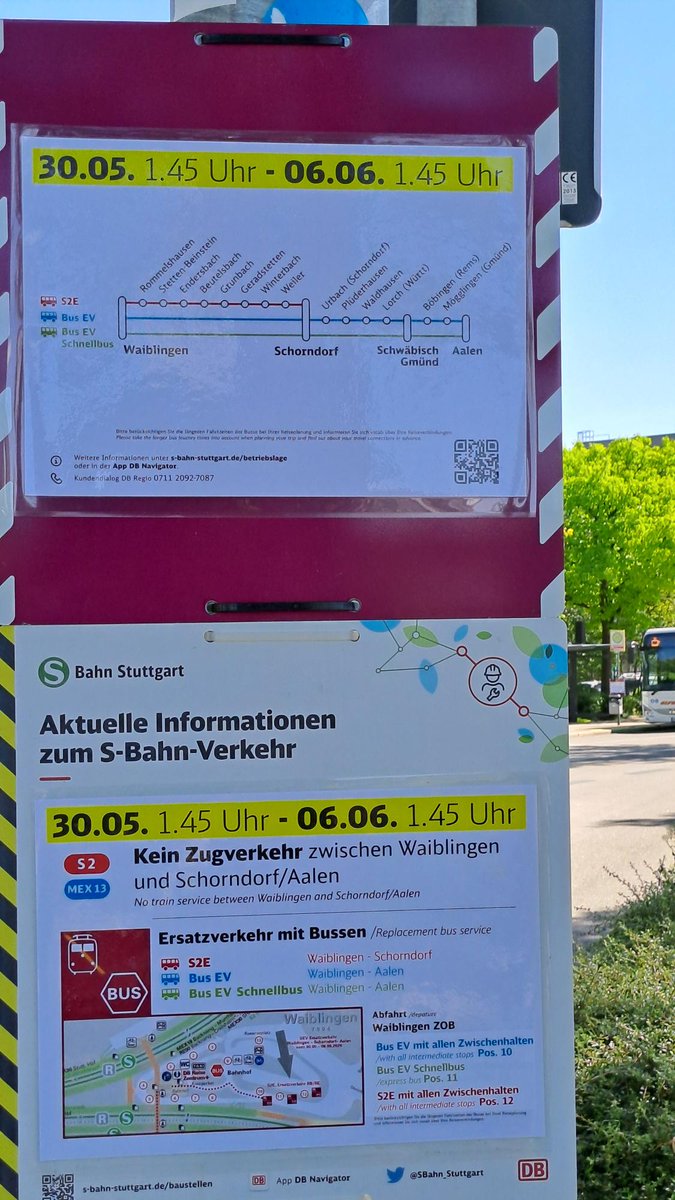 SBahn_Stuttgart's tweet photo. 🚧 #Drandenken 🚧
Die DB führt von 30. Mai bis 6. Juni, zwischen #Waiblingen und #Schorndorf Oberleitungs- und Gleisbauarbeiten durch.
Es kommt zu Einschränkungen bei der Linie #S2
Details, auch zum #Ersatzverkehr mit Bussen #S2E
👉 https://t.co/zJL6ogeMMI https://t.co/7sFk7kIp3c
