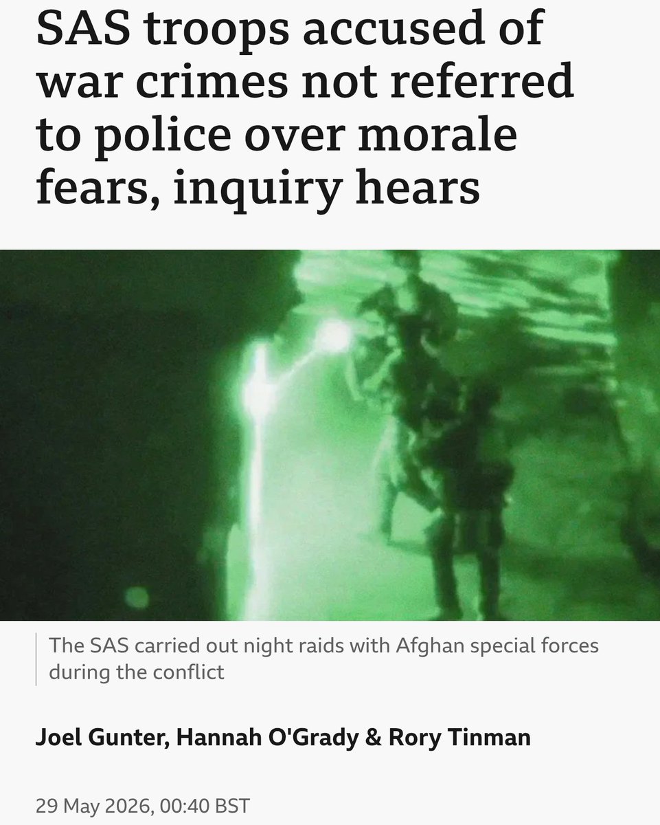 TheWarJournal's tweet photo. Former chief of staff of UK Special Forces has told a public inquiry that he believes SAS troops were not referred to the police for war crimes investigations over "fears it might affect morale".

UK special forces were accused of war crimes in Afghanistan and Iraq.

Source: BBC https://t.co/0AEuNdfGjL