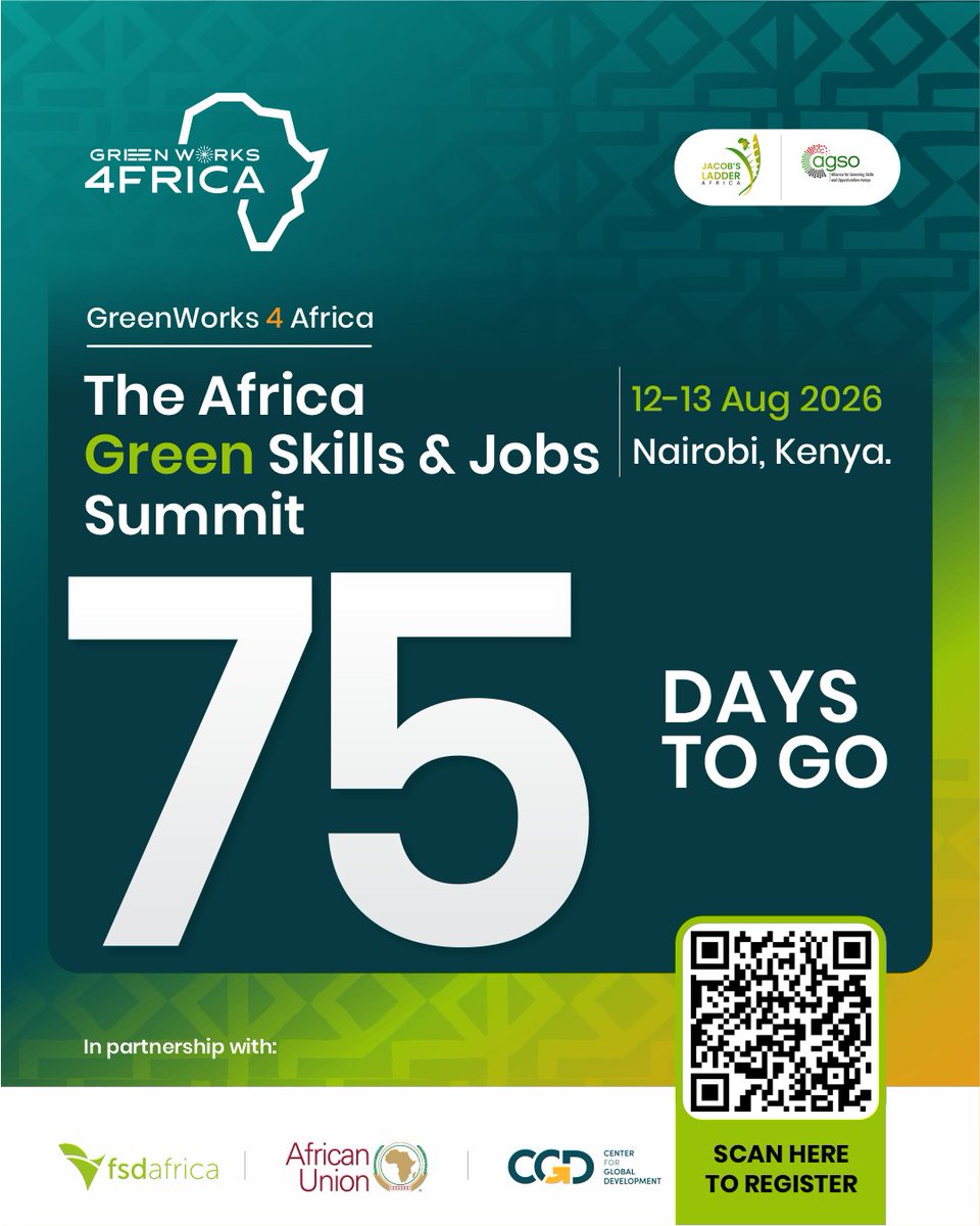 JacobsLadder_A's tweet photo. Have you secured your place at the 𝗶𝗻𝗮𝘂𝗴𝘂𝗿𝗮𝗹 𝗚𝗿𝗲𝗲𝗻𝗪𝗼𝗿𝗸𝘀 𝗳𝗼𝗿 𝗔𝗳𝗿𝗶𝗰𝗮 𝗙𝗼𝗿𝘂𝗺 𝗼𝗻 𝟭𝟮–𝟭𝟯 𝗔𝘂𝗴𝘂𝘀𝘁 𝟮𝟬𝟮𝟲?

As 𝗔𝗳𝗿𝗶𝗰𝗮’𝘀 𝗚𝗿𝗲𝗲𝗻 𝗦𝗸𝗶𝗹𝗹𝘀 𝗮𝗻𝗱 𝗝𝗼𝗯𝘀 𝗦𝘂𝗺𝗺𝗶𝘁, GreenWorks for Africa will convene policymakers, development institutions, private sector leaders, innovators, youth leaders, researchers, and strategic partners committed to building practical pathways toward a more inclusive, resilient, and 𝗴𝗿𝗲𝗲𝗻 𝗔𝗳𝗿𝗶𝗰𝗮𝗻 𝗲𝗰𝗼𝗻𝗼𝗺𝘆.

At a time when the continent faces 𝘂𝗿𝗴𝗲𝗻𝘁 𝗾𝘂𝗲𝘀𝘁𝗶𝗼𝗻𝘀 𝗮𝗿𝗼𝘂𝗻𝗱 𝗲𝗺𝗽𝗹𝗼𝘆𝗺𝗲𝗻𝘁, 𝗶𝗻𝗱𝘂𝘀𝘁𝗿𝗶𝗮𝗹 𝘁𝗿𝗮𝗻𝘀𝗳𝗼𝗿𝗺𝗮𝘁𝗶𝗼𝗻, 𝗲𝗻𝗲𝗿𝗴𝘆 𝘁𝗿𝗮𝗻𝘀𝗶𝘁𝗶𝗼𝗻, 𝗰𝗹𝗶𝗺𝗮𝘁𝗲 𝗿𝗲𝘀𝗶𝗹𝗶𝗲𝗻𝗰𝗲, 𝗮𝗻𝗱 𝘄𝗼𝗿𝗸𝗳𝗼𝗿𝗰𝗲 𝗿𝗲𝗮𝗱𝗶𝗻𝗲𝘀𝘀, it seeks to drive forward the conversations, partnerships, and systems needed, to unlock green jobs and green skills at scale across Africa.

𝗪𝗶𝘁𝗵 𝗷𝘂𝘀𝘁 𝟳𝟯 𝗱𝗮𝘆𝘀 𝘁𝗼 𝗴𝗼, 𝘁𝗵𝗲 𝗺𝗼𝗺𝗲𝗻𝘁𝘂𝗺 𝗰𝗼𝗻𝘁𝗶𝗻𝘂𝗲𝘀 𝘁𝗼 𝗯𝘂𝗶𝗹𝗱.

📌 𝗥𝗲𝗴𝗶𝘀𝘁𝗲𝗿 𝗻𝗼𝘄 𝘃𝗶𝗮 𝘁𝗵𝗲 𝗤𝗥 𝗰𝗼𝗱𝗲 𝗼𝗻 𝘁𝗵𝗲 𝗽𝗼𝘀𝘁𝗲𝗿 𝗼𝗿 𝘁𝗵𝗿𝗼𝘂𝗴𝗵 𝘁𝗵𝗲 𝗹𝗶𝗻𝗸 𝗯𝗲𝗹𝗼𝘄:
🔗 https://t.co/03L1gUNgS1 

📌 𝗜𝗻𝘁𝗲𝗿𝗲𝘀𝘁𝗲𝗱 𝗶𝗻 𝗽𝗮𝗿𝘁𝗻𝗲𝗿𝗶𝗻𝗴 𝘄𝗶𝘁𝗵 𝘂𝘀?
🔗 https://t.co/ZOk8RO86Io 

Join us in shaping Africa’s green workforce future.

@Sellahb @Mandakhabetsa @_AfricanUnion  @AGRA_Africa @ASBELKEMBOI7 @kevolwe_godfrey @timotsi1 @TGESA @MajestyAfrica_ @NetForCommDev @RydonVusisa @BikeIsBestHQ @ArafatMukasa