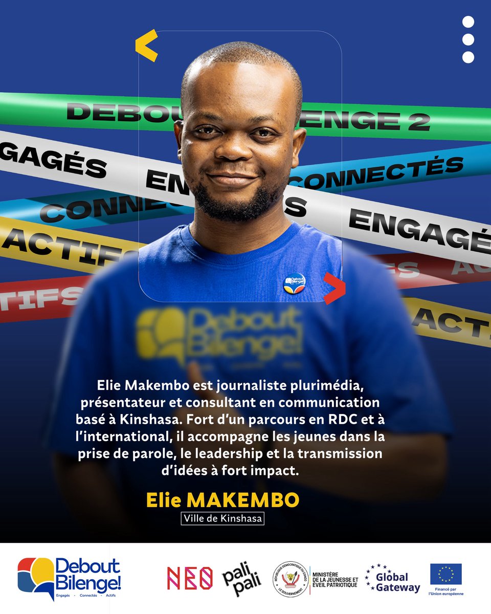 DeboutBilenge's tweet photo. Voici Elie Makembo : journaliste plurimédia présentateur et consultant en communication basé à Kinshasa. 

Fort d'un parcours en RDC et à I'international, il accompagne les jeunes dans la prise de parole, le leadership et la transmission d'idées à fort impact.

Il est membre de la Cohorte 2 @DeboutBilenge 

#deboutbilenge #cohorte2 #db #ue #fyp