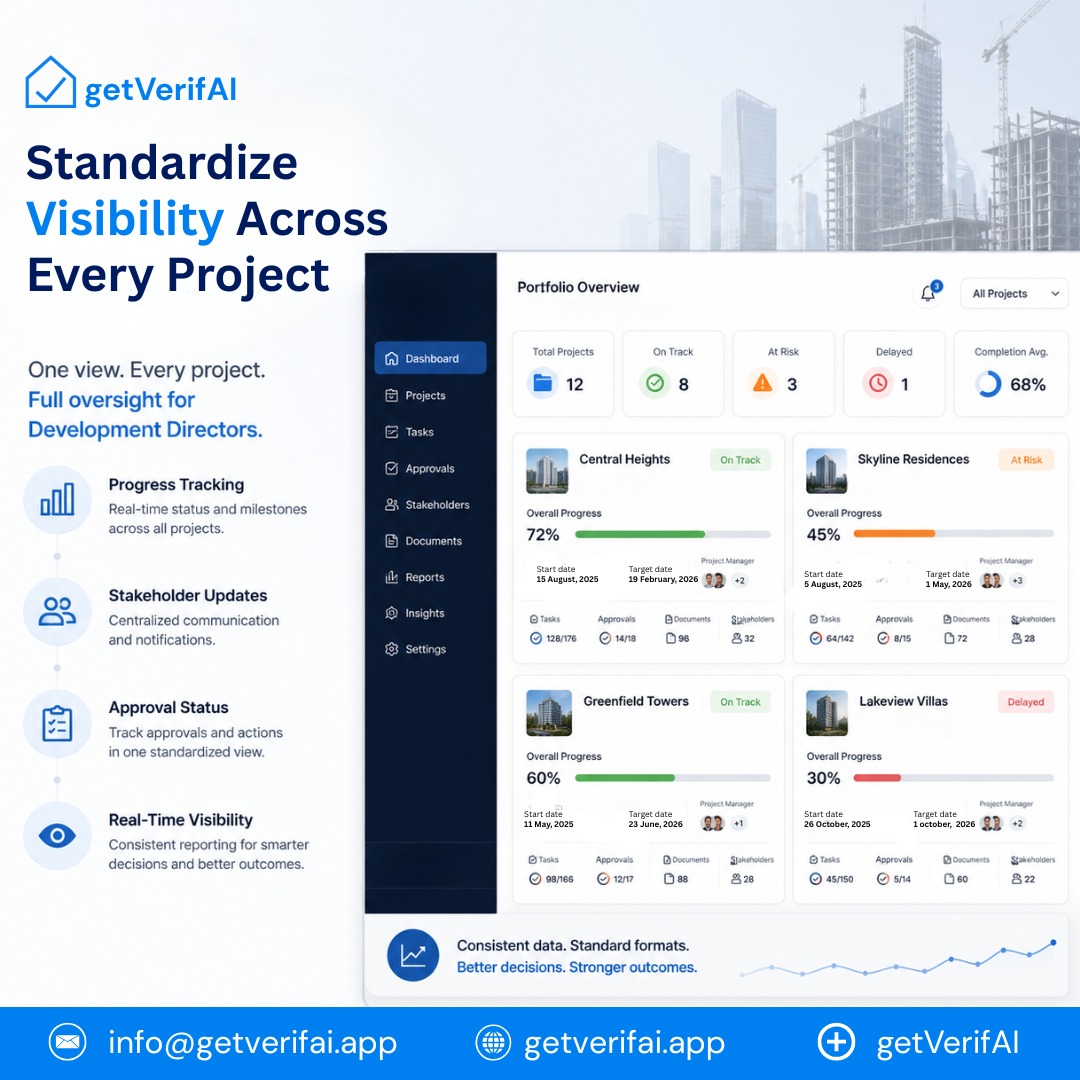 getVerifAI's tweet photo. Development directors need more than scattered updates, they need clear, centralized oversight.

getVerifAI helps teams standardize project visibility across workflows, stakeholders, and reporting structures, making it easier to track progress and drive informed decisions. https://t.co/CQ0qBq3QB0