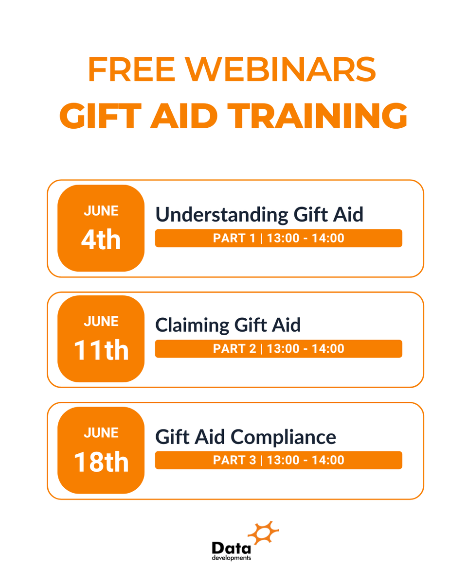 data_dev's tweet photo. The next dates for our Free Gift Aid Training sessions are live.

We'll cover the best practices around claiming Gift Aid, with clear guidance, and each session also includes time for live Q&amp;A.

Register for the whole course, or just a particular session: https://t.co/mFavM31FO6 https://t.co/ZUIROo3foU