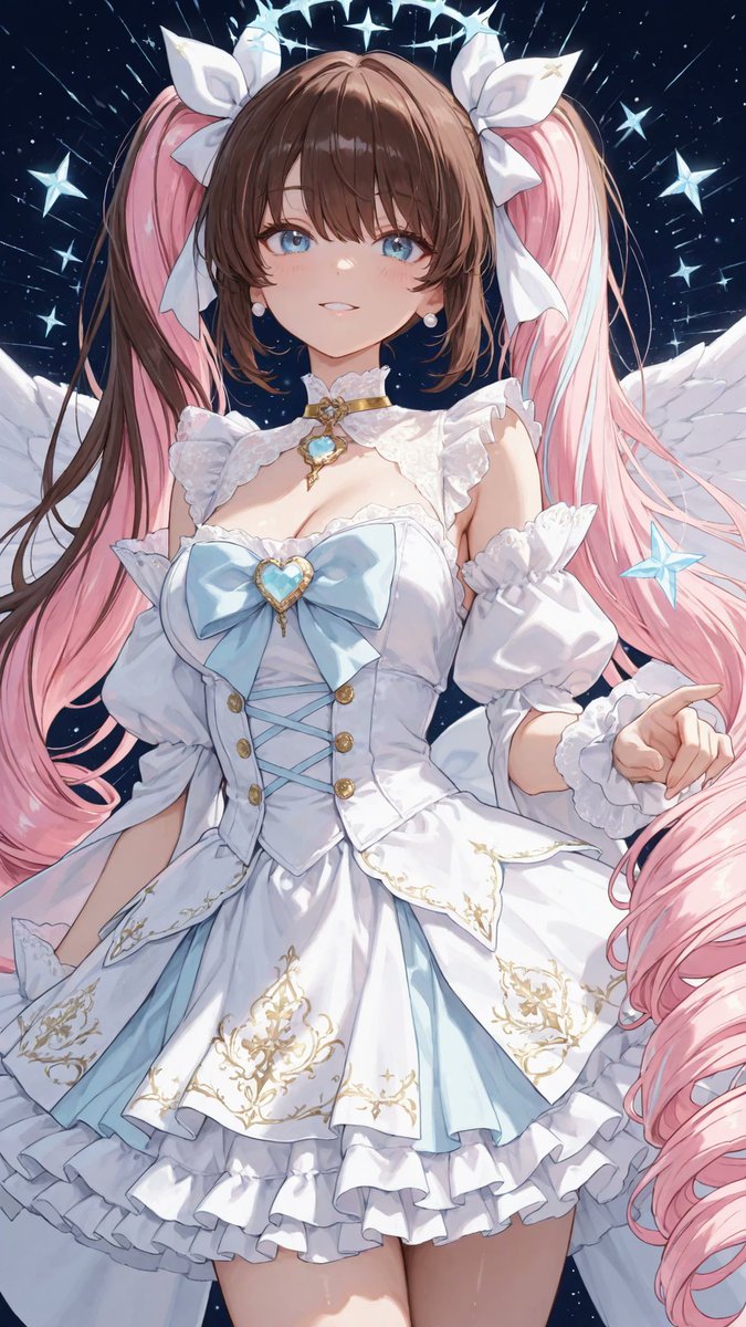 AliceLavli's tweet photo. 天使の衣装プロンプトをどうぞ✨
angelic dress, pure white, ivory and soft gold color palette, elegant sweetheart neckline, layered lace collar, delicate pearl embroidery, translucent puff sleeves, flowing chiffon shoulder drapes, fitted princess bodice, crystal heart brooch at chest, gold filigree ornaments, high waist silhouette, oversized ribbon bow at back, multilayer cloud like skirt, extra fluffy petticoat volume, cascading chiffon layers, feather inspired ruffles, lace trimmed hemline, pearl chains, crystal charms, star ornaments, celestial embroidery, floating ribbon tails, ornate sleeve cuffs, soft silk and chiffon fabrics, heavenly princess fashion, divine and graceful appearance, dreamy fantasy aesthetic, luxurious angel costume