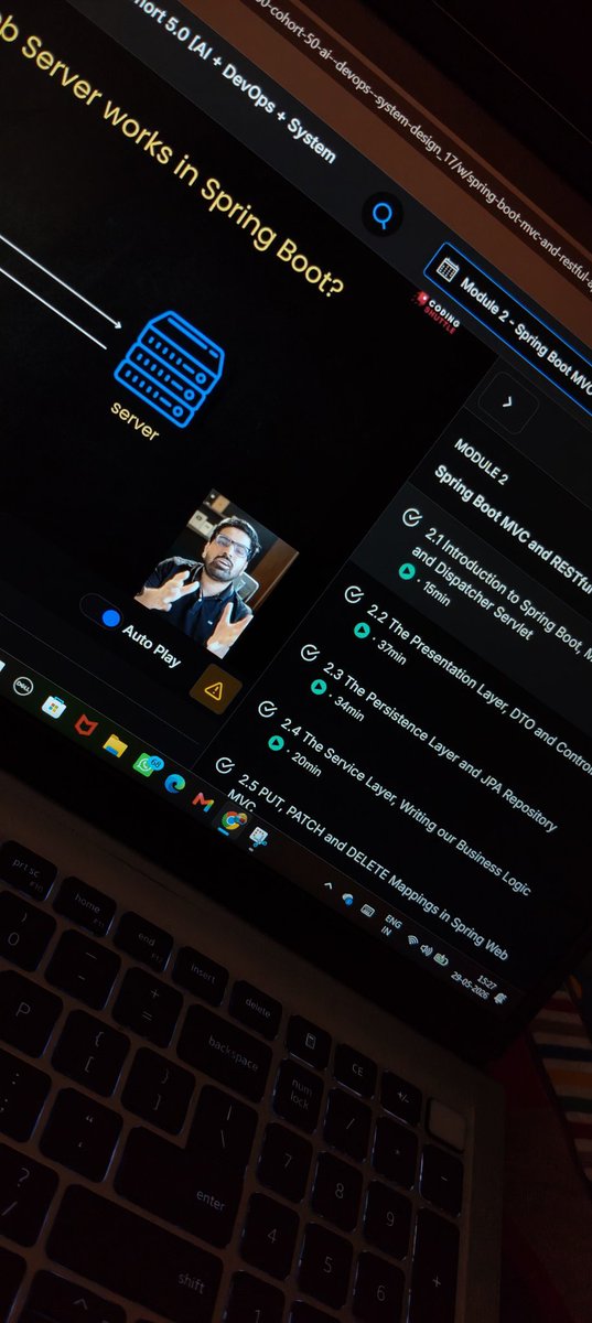 shami_shivhare's tweet photo. Day 3  Of Deep Diving Into Spring Boot 🚀
Covered in Module 2 today:
• MVC Architecture
• Dispatcher Servlet &amp; Tomcat
• DTOs, Controllers &amp; Service Layer
• JPA Repository
• PUT, PATCH &amp; DELETE APIs
• Validation &amp; Exception Handling
• API Response Transformation https://t.co/8UnGv94HZF