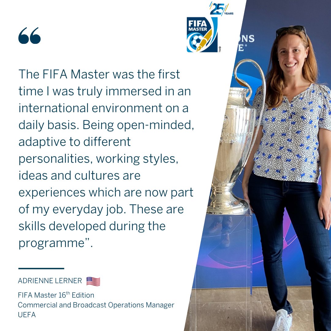 sportCIES's tweet photo. NEW ๐ FIFA Master ๐ 'Where are they now?' interview ๐ค as we catch up this month ๐ with 2016 graduate ๐ and now @UEFA Commercial and Broadcast Operations Manager ๐ผ - Adrienne Lerner ๐บ๐ธ ๐ https://t.co/Cyt6ejjoLm #FIFAMaster #Femaleleaders #UEFA https://t.co/Ia2jLH72T9