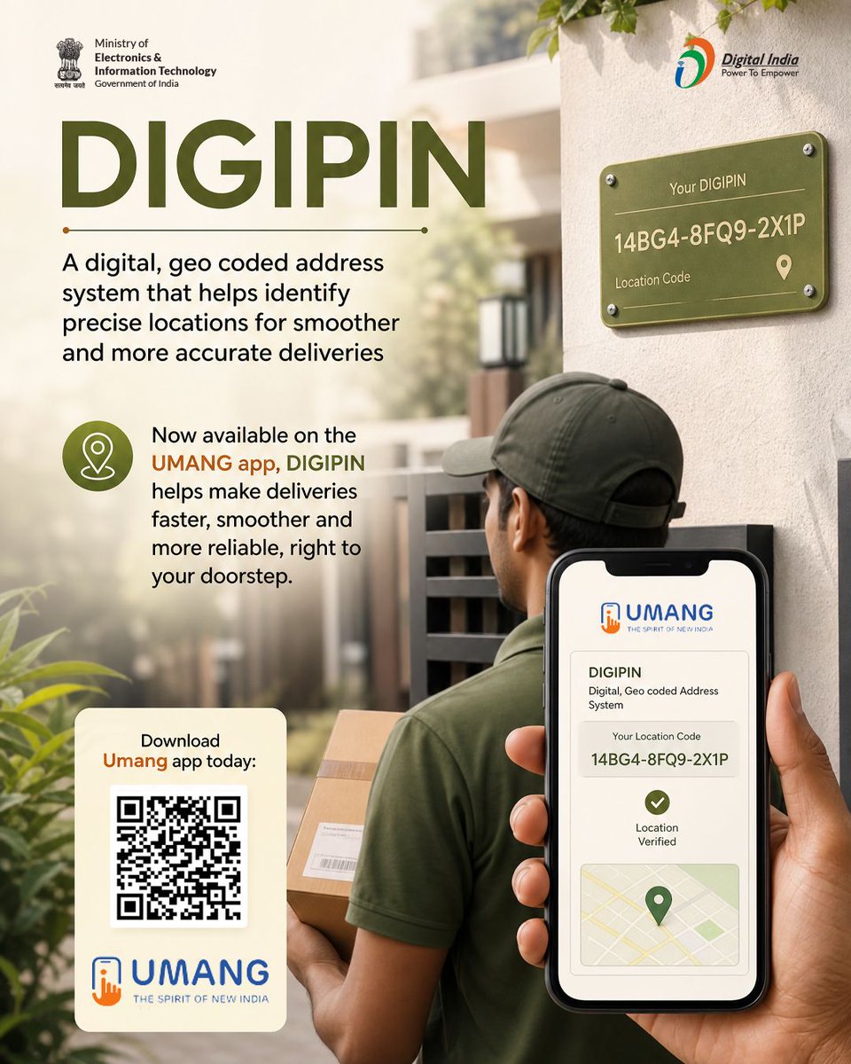 GoI_MeitY's tweet photo. Finding the exact delivery location just got smarter with DIGIPIN 📍📲
You can now access your DIGIPIN easily through the UMANG app and make courier and service deliveries faster and hassle-free. It is accessible for everyone.
#DigitalIndia #DIGIPIN #UMANG @UmangOfficial_ https://t.co/w4SiulHmgy