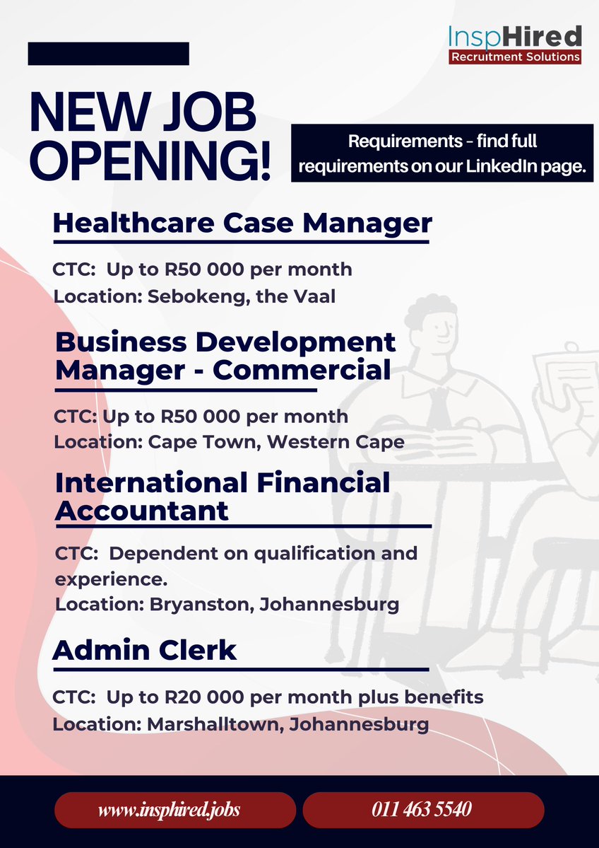 InspHiredSA's tweet photo. 📢 JOB OPPORTUNITIES
International Financial Accountant
https://t.co/8nwneuGTPQ
Healthcare Case Manager 
https://t.co/Pnc46BvUPP
Business Development Manager
https://t.co/xM0b4DCU2O
Admin Clerk 
https://t.co/cWjfuNwEiN
🔗 LinkedIn: https://t.co/9lxR7IueSY
#JobsInSouthAfrica https://t.co/J1odSA7fkG