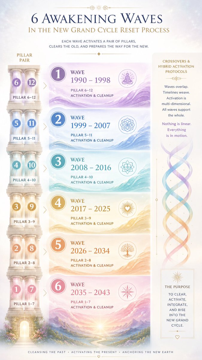 HALAcademy's tweet photo. Waves:

1. 1990 - 1998 (Pillar 6-12 Activation and Cleanup) 

2. 1999 - 2007 (Pillar 5-11 Activation and Cleanup) 

3. Wave 2008 - 2016 (Pillar 4-10 Activation and Cleanup) 

4. 2017 - 2025 (Pillar 3-9 Activation and Cleanup) 

 5. 2026 - 2034 (Pillar 2-8 Activation and Cleanup. https://t.co/hDPaKmxL3g