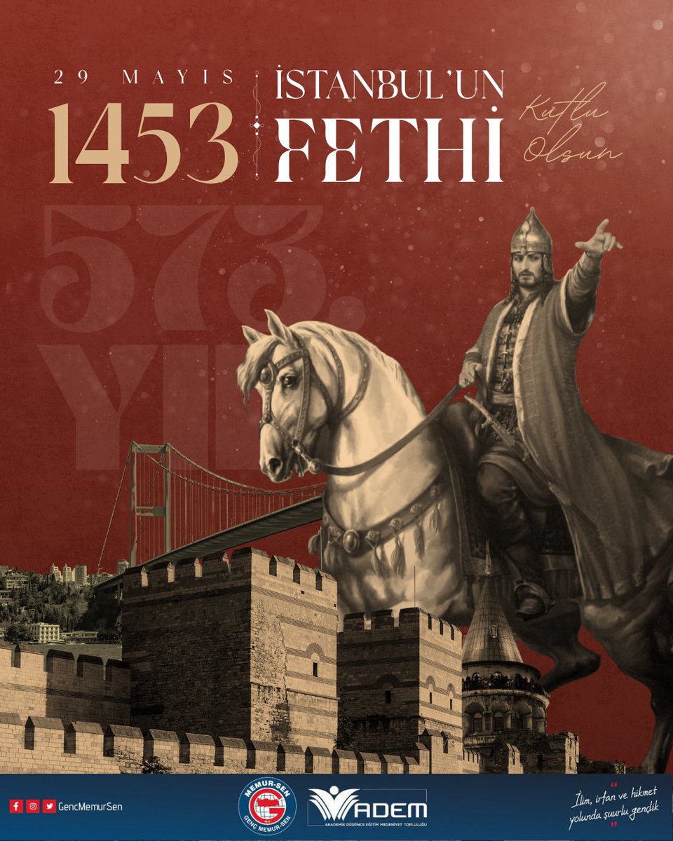 gencmemursen's tweet photo. 29 Mayıs 1453… 🏹

Bir çağ kapandı, bir çağ açıldı! İstanbul’un Fethi; yalnızca surların yıkılması değil, imanın, askeri dehanın ve adaletin zaferidir.

Peygamber Efendimizin (s.a.v.) müjdesine mazhar olan Fatih Sultan Mehmet Han’ı ve kahraman ecdadımızı fetih yıl dönümünde rahmet ve minnetle yâd ediyoruz.