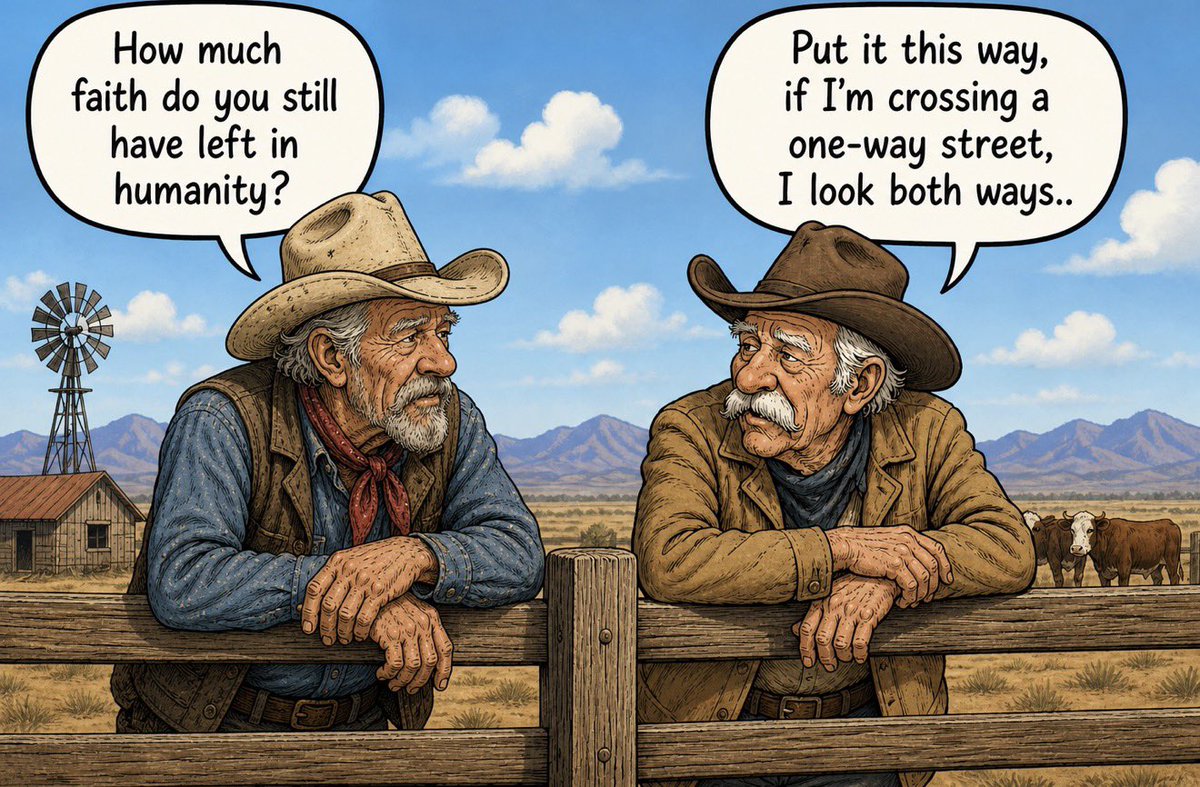KellyKiser11's tweet photo. Frontier Friday: Observation is noticing old ranchers always sit facing the door. Wisdom is understanding why.🤠 https://t.co/BjfSr6Mnw2