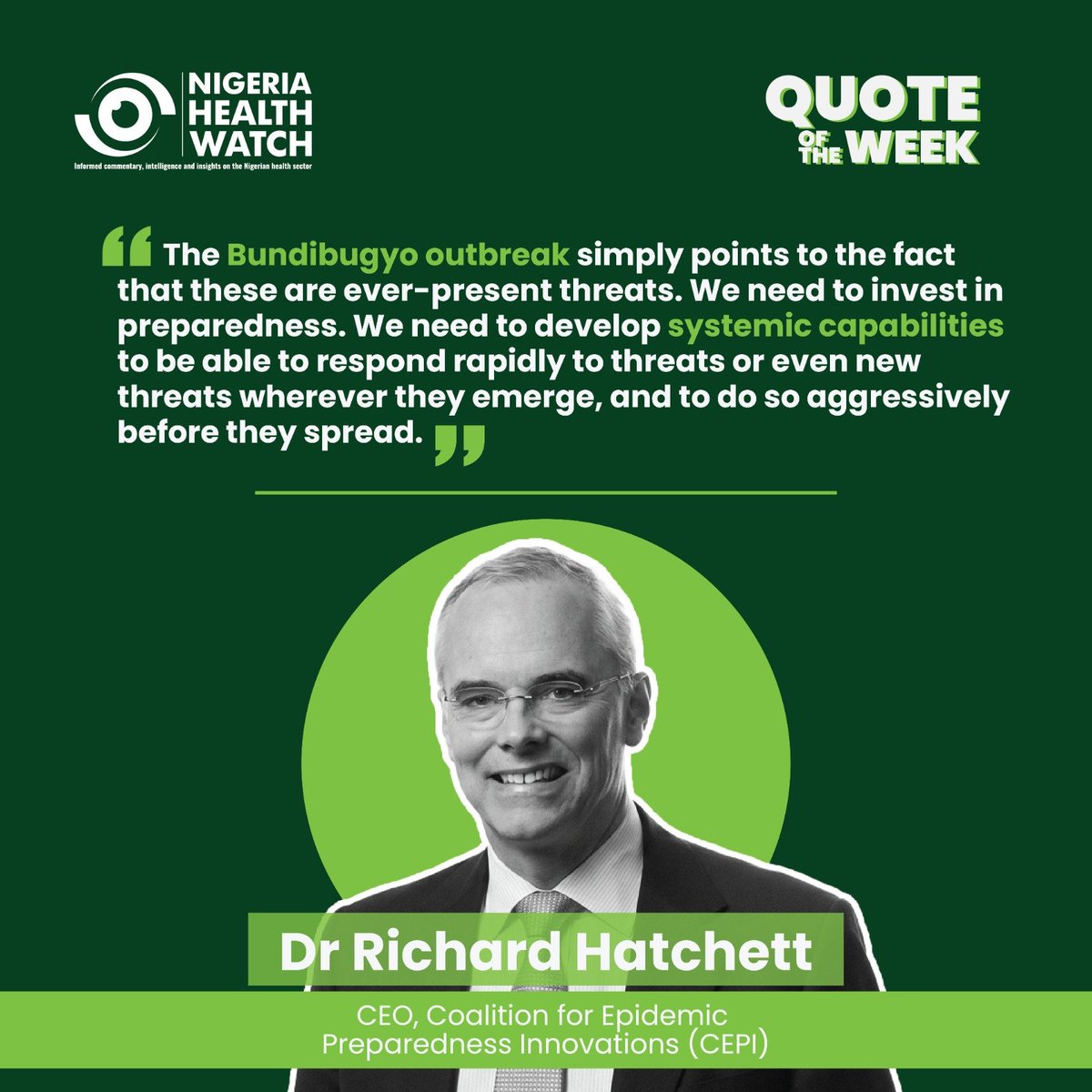 nighealthwatch's tweet photo. #NHWQUOTEOFTHEWEEK

Recent public health emergencies have shown that outbreaks can spread quickly when detection, response, and preparedness systems are weak.

Investing in preparedness, surveillance, and resilient health systems remains one of the most effective ways to detect threats early and protect lives across borders.
#Ebola #Bundibugyo